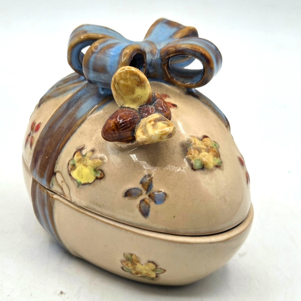 VINTAGE Ceramic Easter Egg Bumblebee Bee Trinket Box with Blue Bow